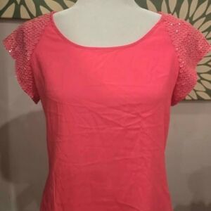 Express Coral Blouse with Sequin Sleeves